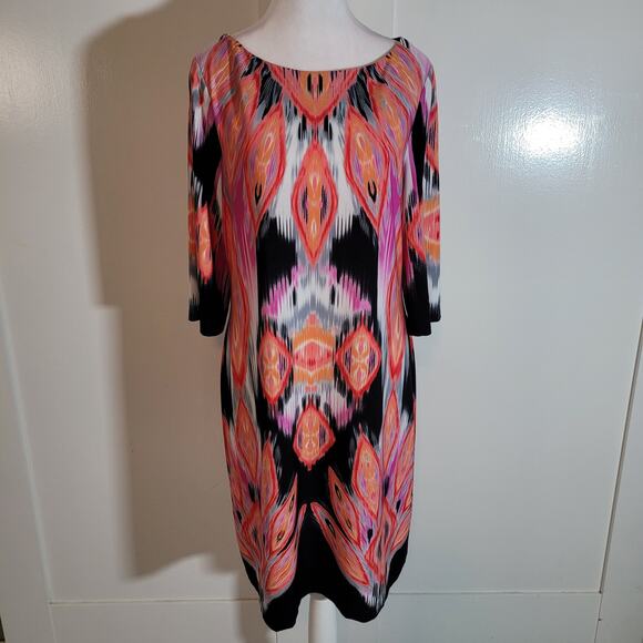 Chico's Size 1 US M Baroque Print Graphic Aztec 3/4 sleeve Shift Dress Pattern - Picture 1 of 8